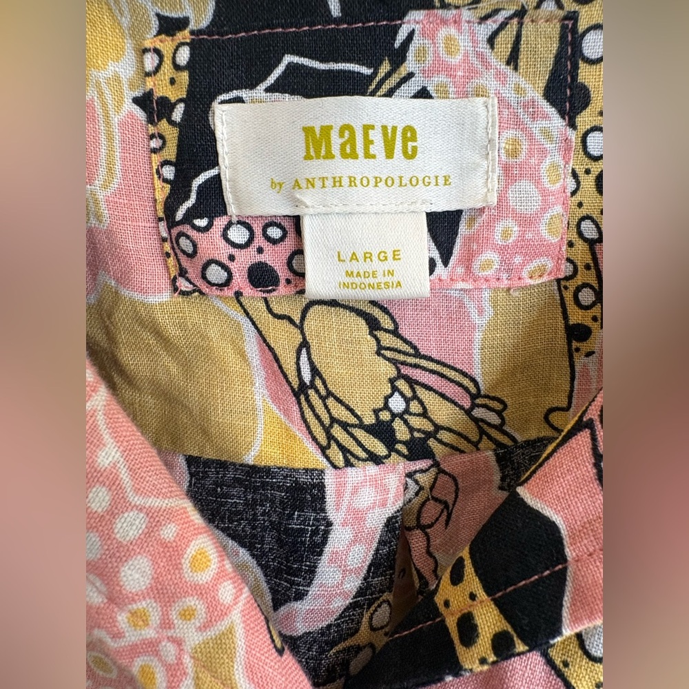 Maeve/Anthro Printed Buttondown Surf Shirt - Linen - Black/Pink/Yellow - Picture 2 of 8